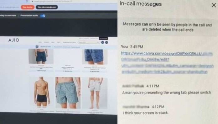 Man shares screen of underwear shopping during work meeting Man shares screen of underwear shopping during work meeting